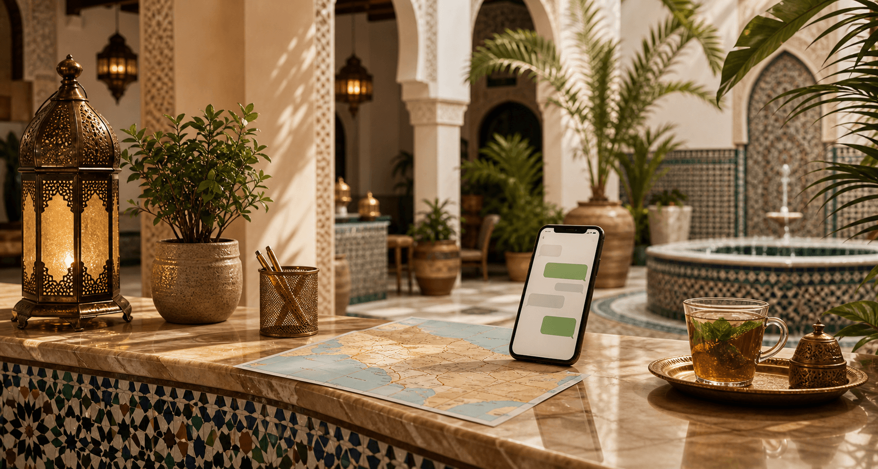 Moroccan travel contact desk with map, message phone, lantern, and mint tea