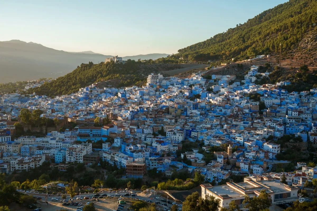 Blue buildings of Chefchaouen beneath the Rif Mountains